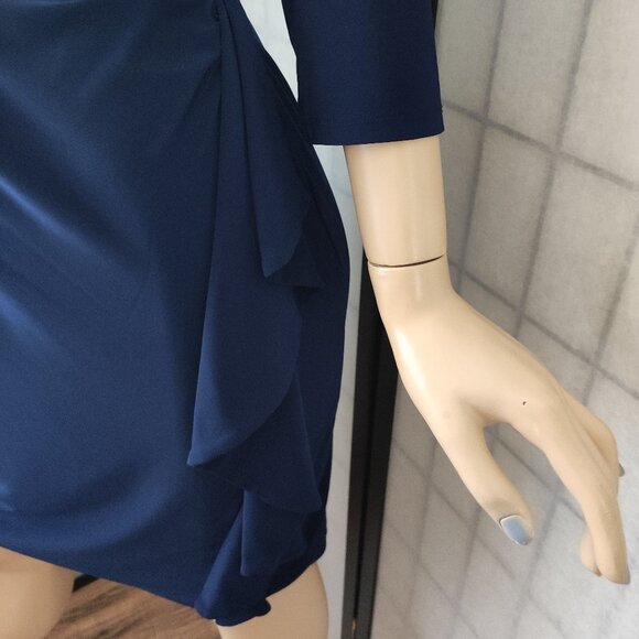 NWOT Nina Leonard Navy Blue Size M Faux Wrap Dress with Flattering Side Drape - Picture 9 of 11
